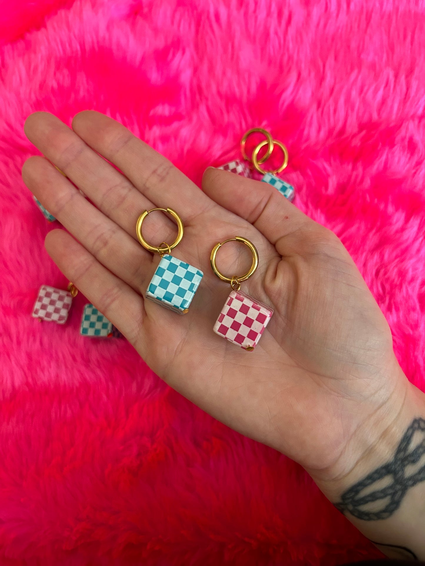 Checkered Cube Hoop Earrings