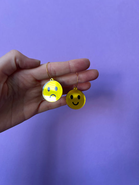 Happy Sad Smiley Acrylic Mirror Hoop Earrings