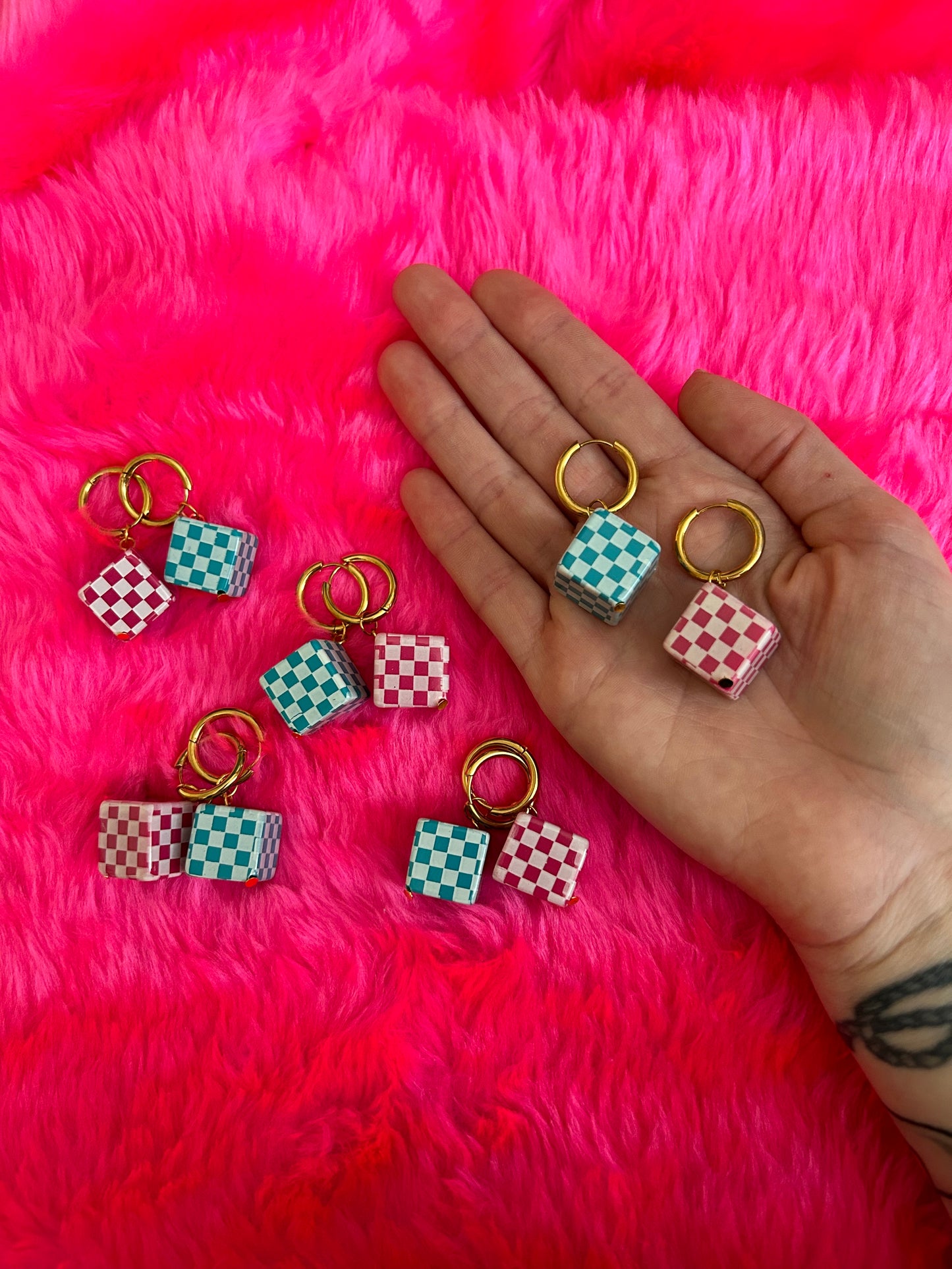 Checkered Cube Hoop Earrings