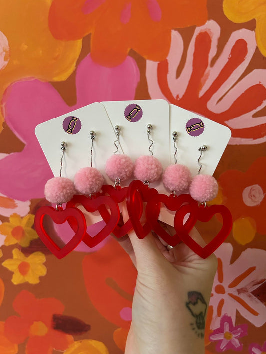 Pom-Pom Acrylic heart Earrings