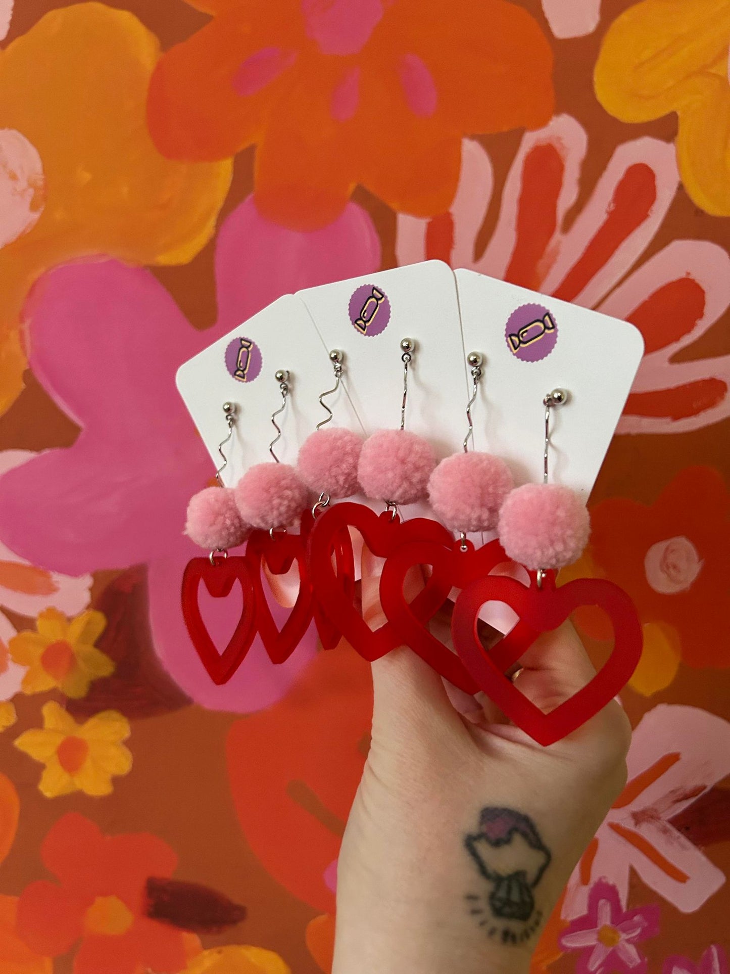 Pom-Pom Acrylic heart Earrings