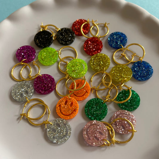 Smiley Face Glitter Acetate Hoop Earrings
