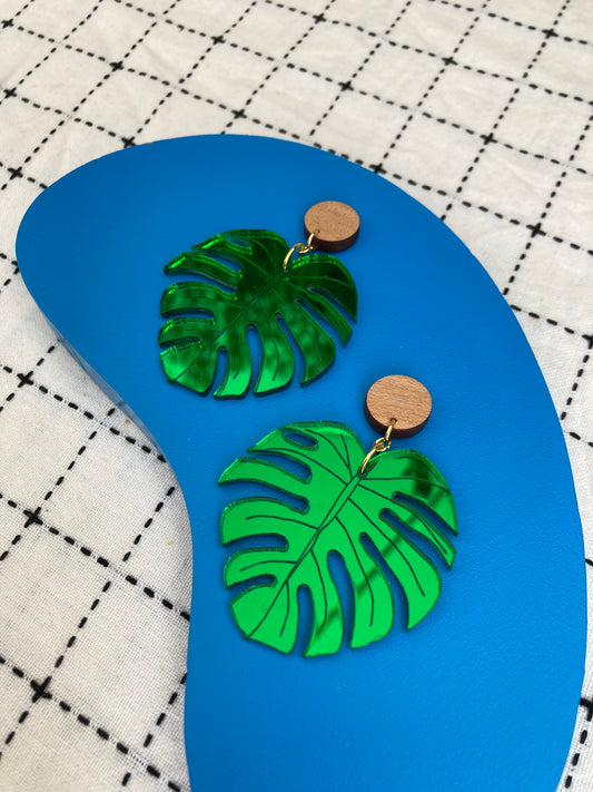 Big Monstera Mirror Acrylic Earrings