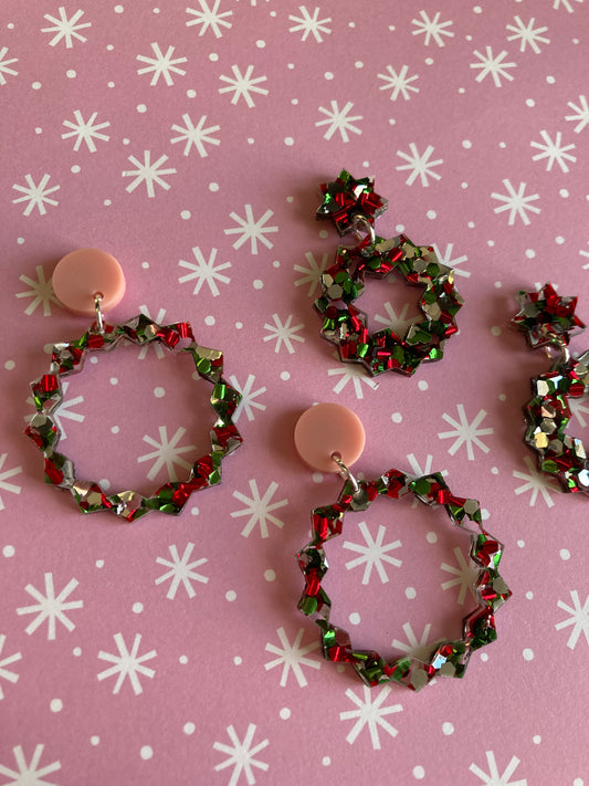 Christmas Wreath Glittery Acrylic Earrings