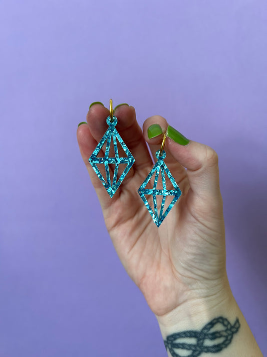 Sparkly Aqua Diamond Hoop Acrylic Earrings